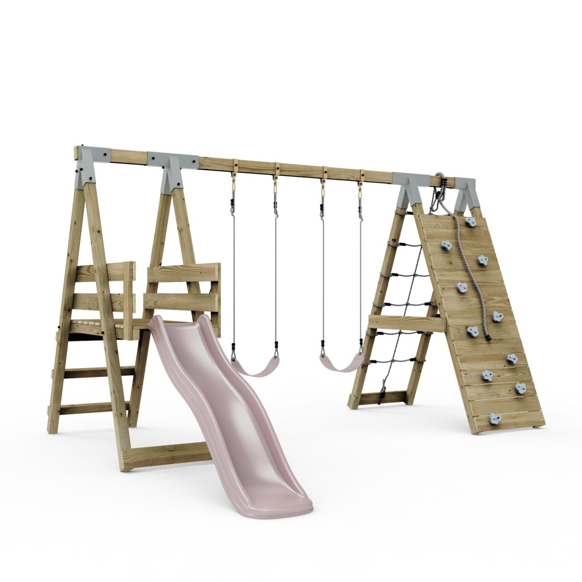 PolarPlay Premium Double Swing Set with Climbing Wall and Slide