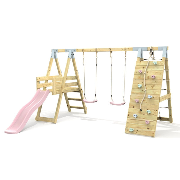 PolarPlay Premium Double Swing Set with Climbing Wall and Slide