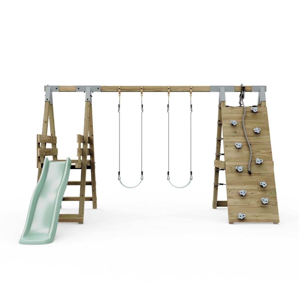 PolarPlay Premium Double Swing Set with Climbing Wall and Slide
