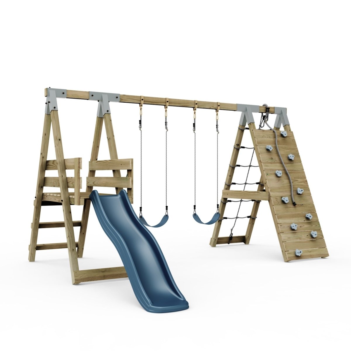 PolarPlay Premium Double Swing Set with Climbing Wall and Slide