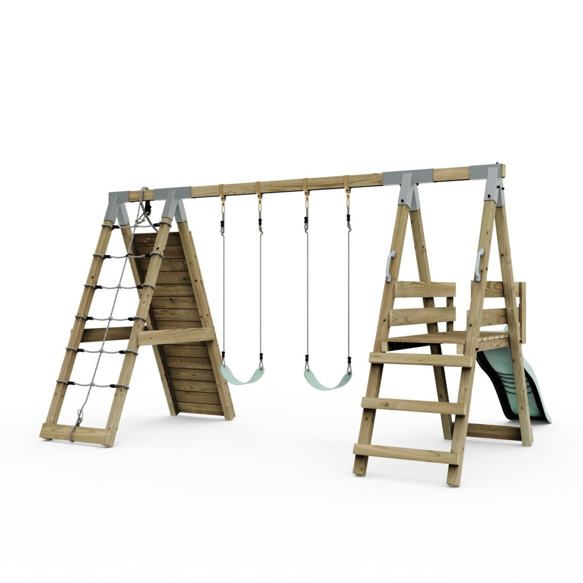 PolarPlay Premium Double Swing Set with Climbing Wall and Slide