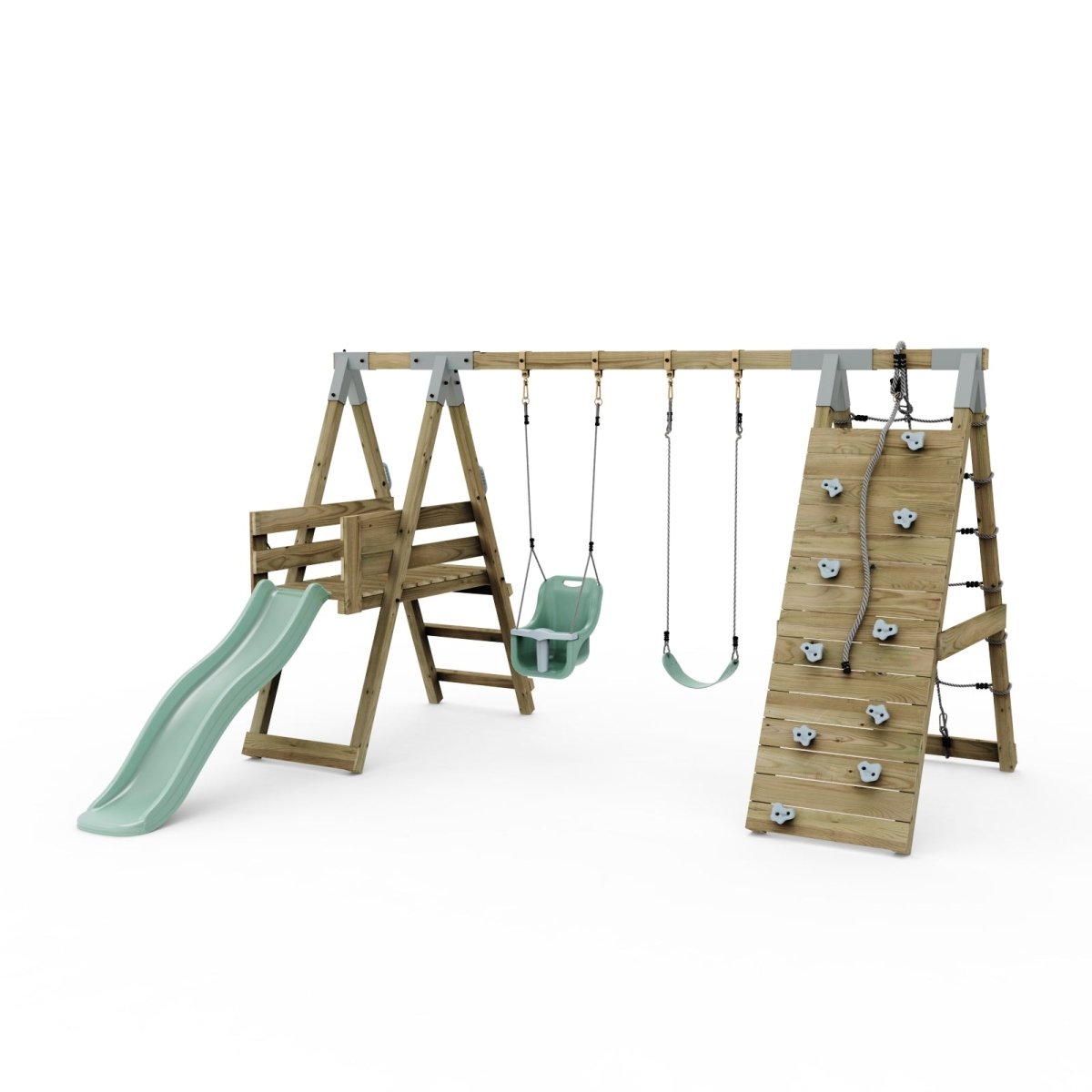 PolarPlay Premium Double Swing Set with Climbing Wall and Slide
