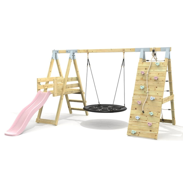 PolarPlay Premium Single Swing Set with Climbing Wall and Slide