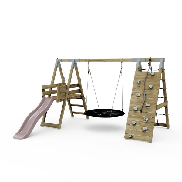 PolarPlay Premium Single Swing Set with Climbing Wall and Slide