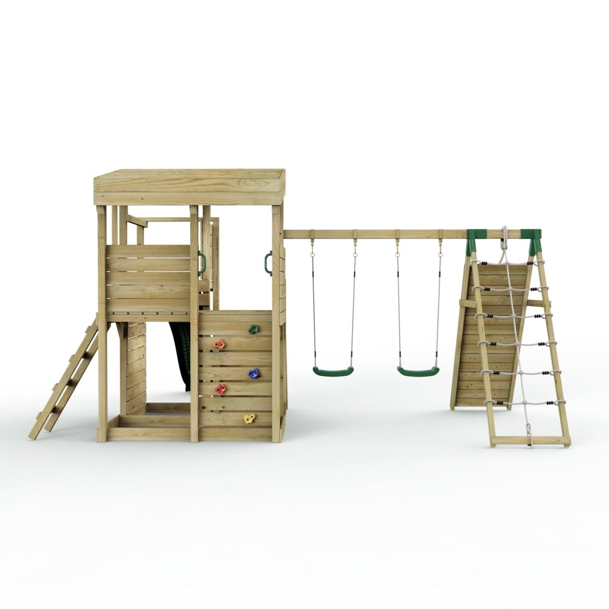 Rebo 2 Tier XL Lookout Tower Playhouse with Double Swing and Climbing Wall plus Slide