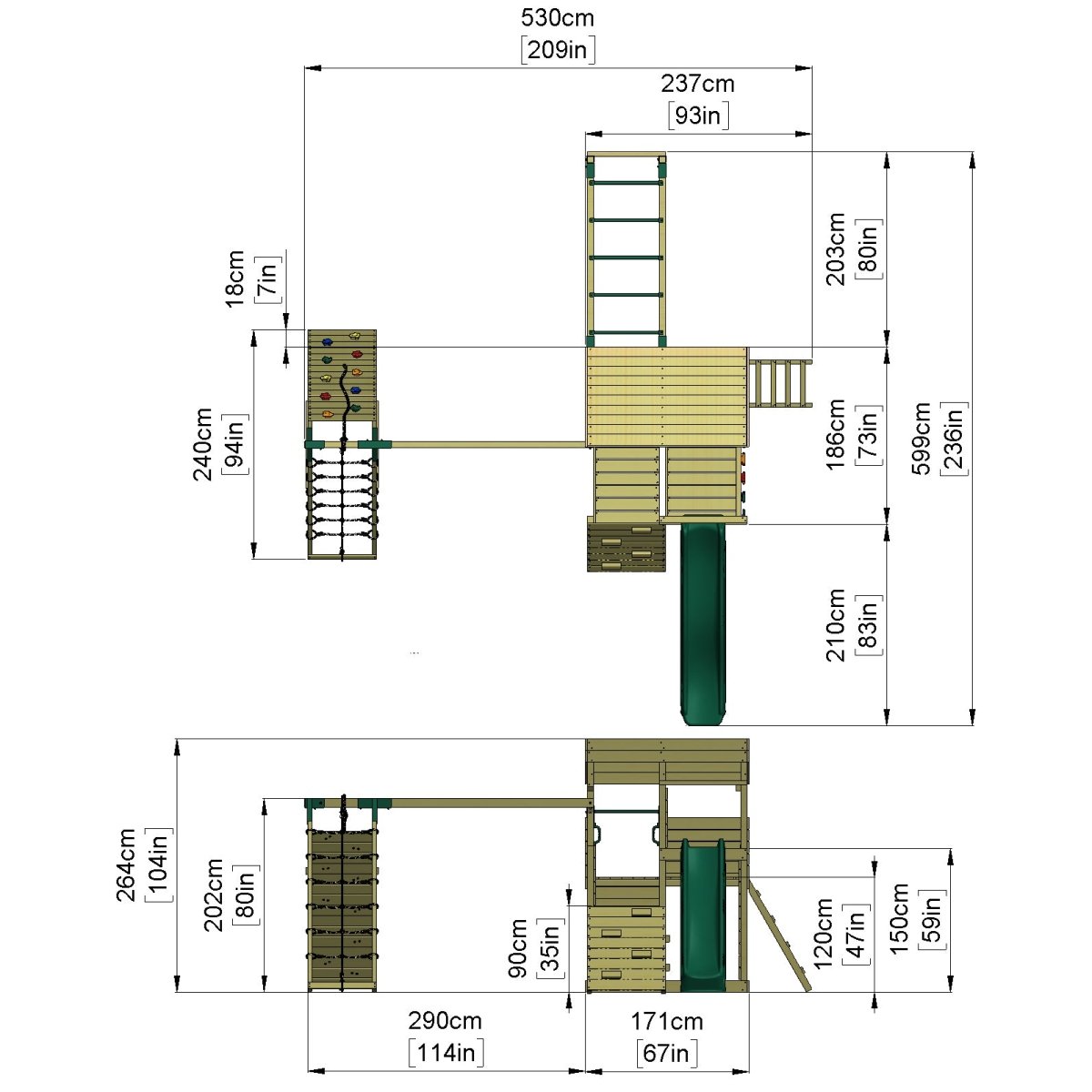 Rebo 2 Tier XL Lookout Tower Playhouse with Double Swing and Monkey Bars plus Climbing Wall and Slide