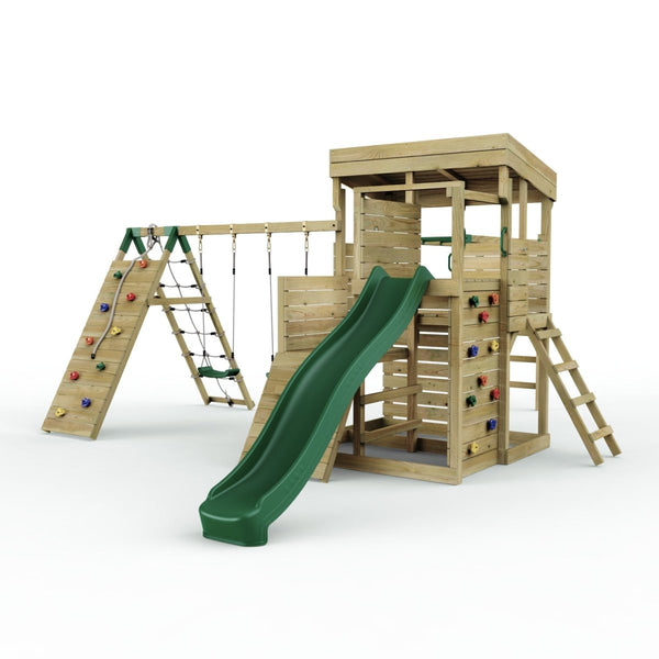 Rebo 2 Tier XL Lookout Tower Playhouse with Double Swing and Monkey Bars plus Climbing Wall and Slide