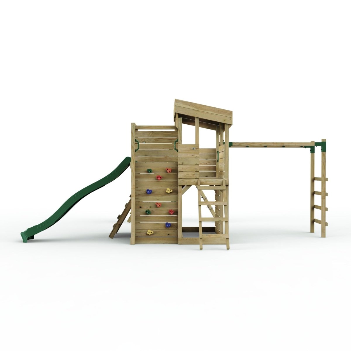 Rebo 2 Tier XL Lookout Tower Playhouse with Double Swing and Monkey Bars plus Climbing Wall and Slide
