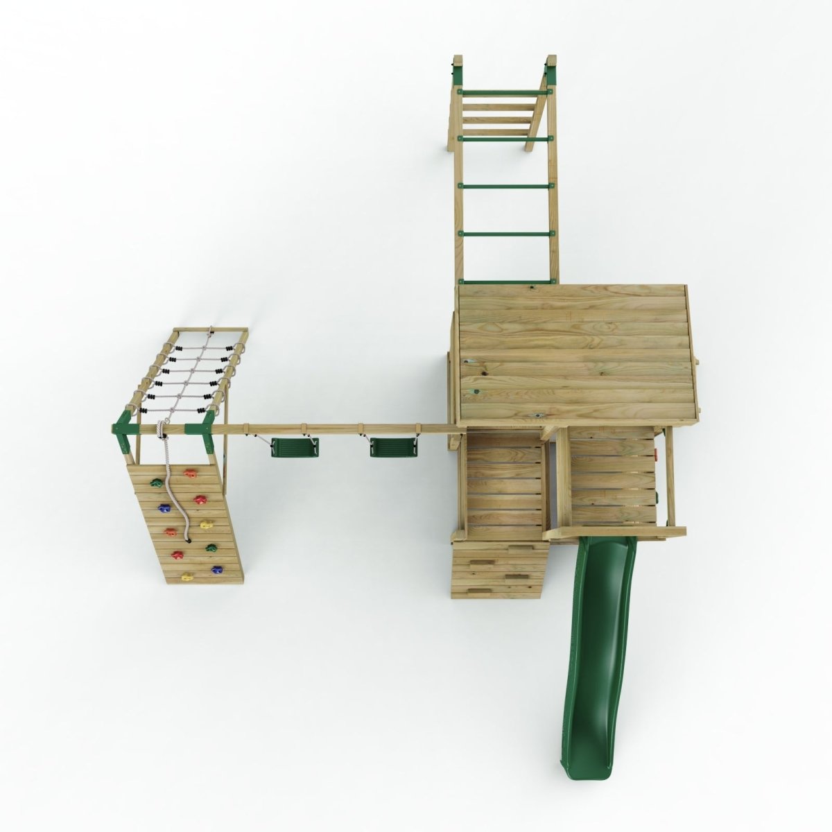 Rebo 2 Tier XL Lookout Tower Playhouse with Double Swing and Monkey Bars plus Climbing Wall and Slide