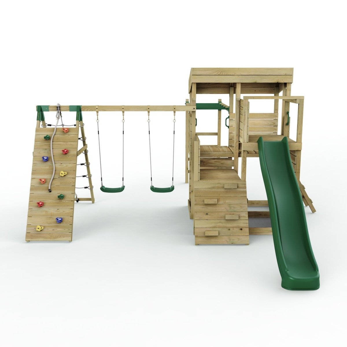 Rebo 2 Tier XL Lookout Tower Playhouse with Double Swing and Monkey Bars plus Climbing Wall and Slide