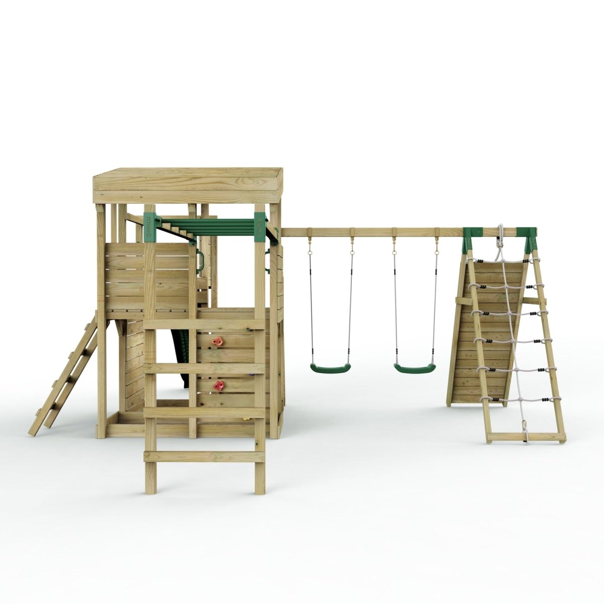 Rebo 2 Tier XL Lookout Tower Playhouse with Double Swing and Monkey Bars plus Climbing Wall and Slide