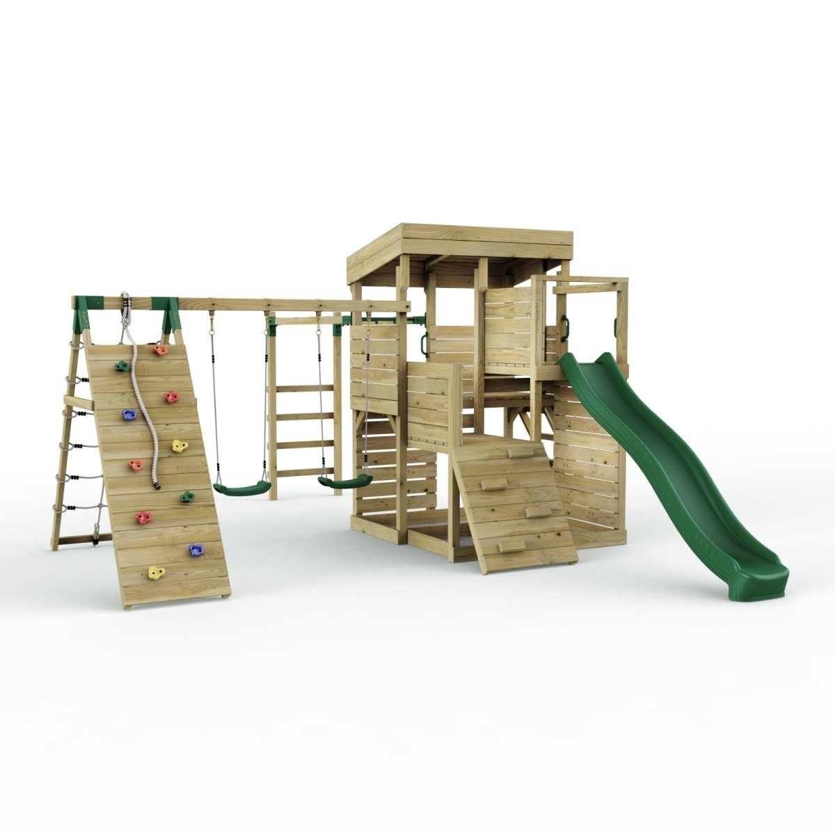 Rebo 2 Tier XL Lookout Tower Playhouse with Double Swing and Monkey Bars plus Climbing Wall and Slide