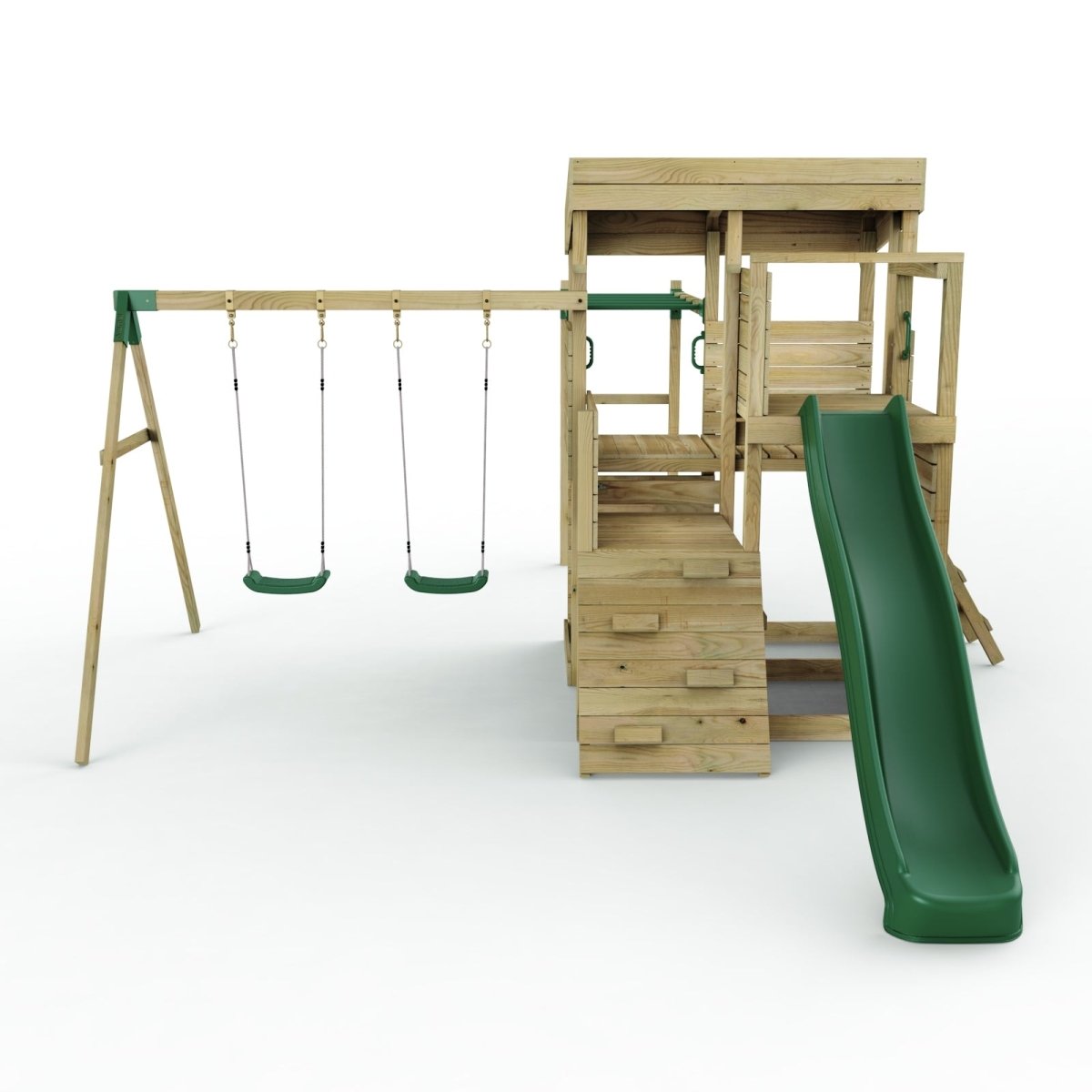 Rebo 2 Tier XL Lookout Tower Playhouse with Double Swing and Monkey Bars plus Slide