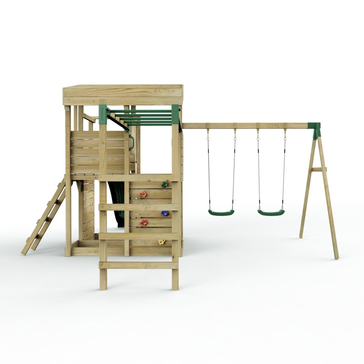 Rebo 2 Tier XL Lookout Tower Playhouse with Double Swing and Monkey Bars plus Slide