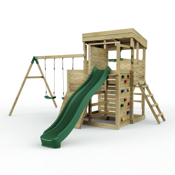 Rebo 2 Tier XL Lookout Tower Playhouse with Double Swing and Monkey Bars plus Slide