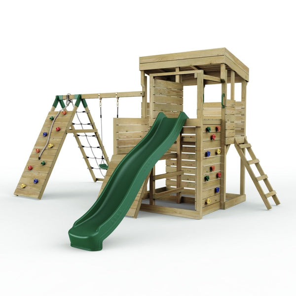 Rebo 2 Tier XL Lookout Tower Playhouse with Single Swing and Climbing Wall plus Slide