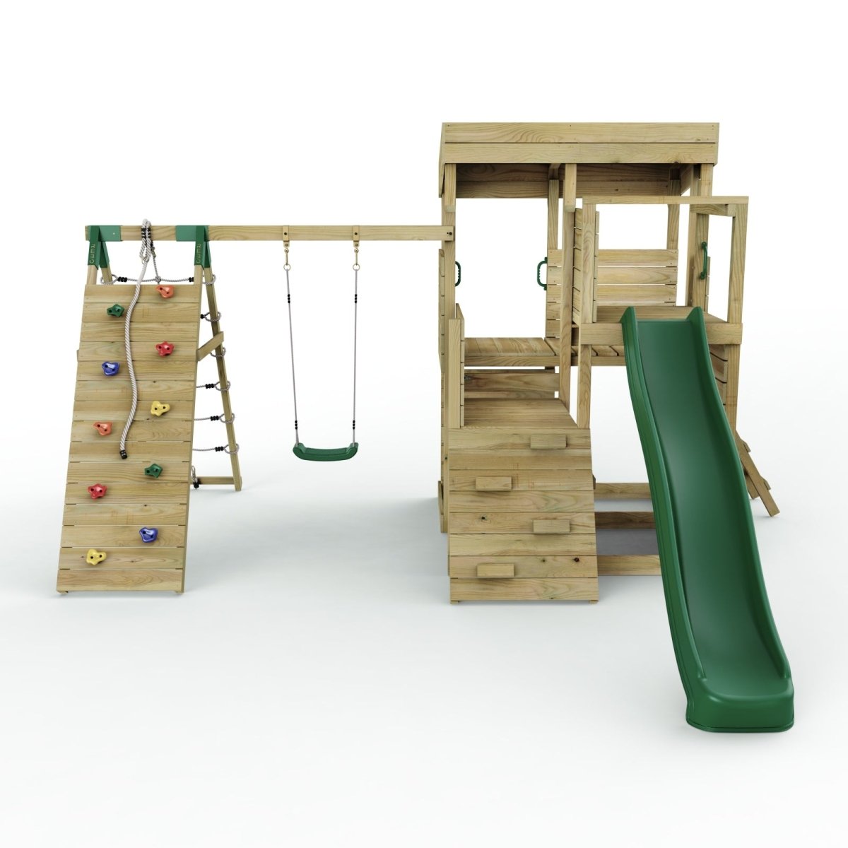 Rebo 2 Tier XL Lookout Tower Playhouse with Single Swing and Climbing Wall plus Slide