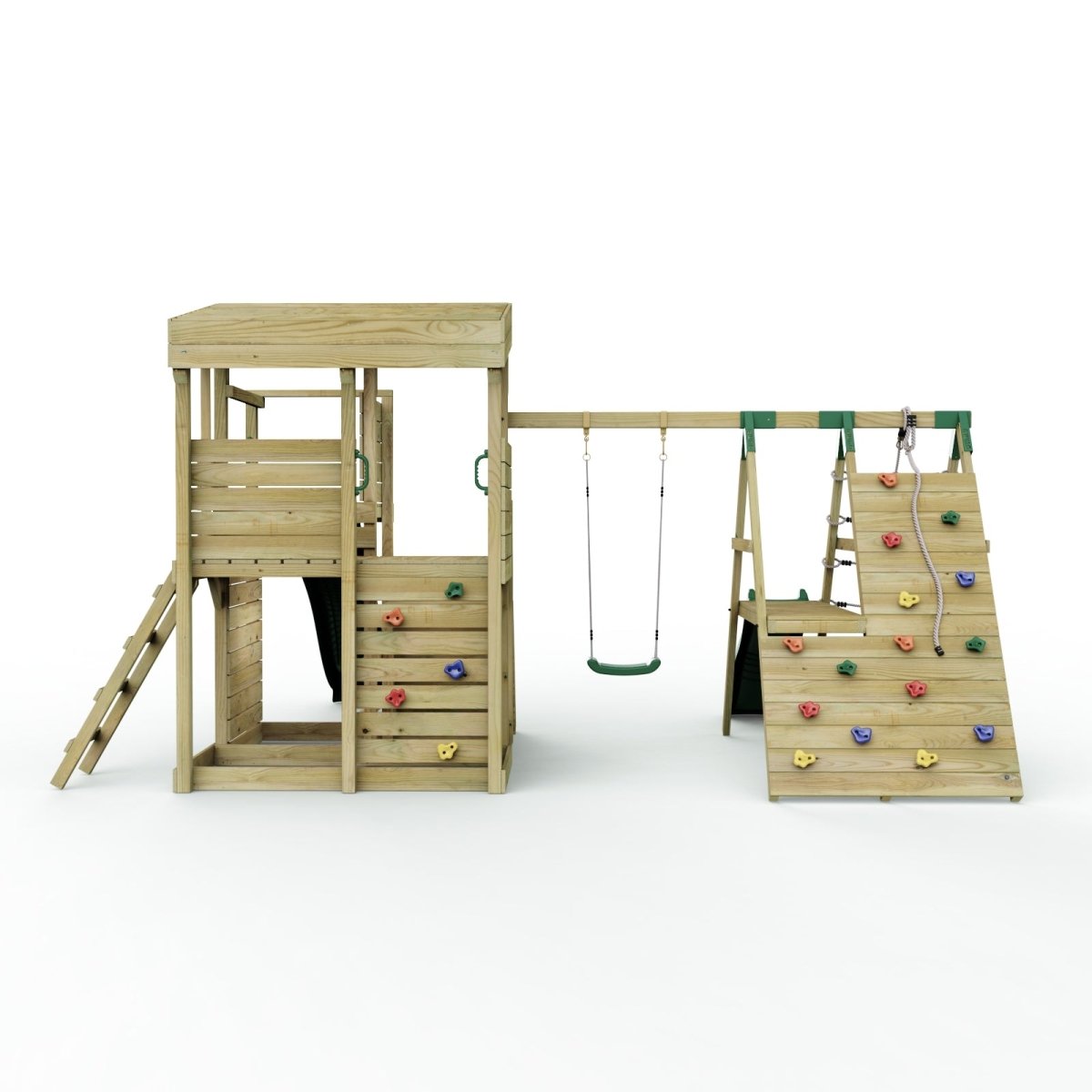 Rebo 2 Tier XL Lookout Tower Playhouse with Single Swing and Climbing Wall plus Slides