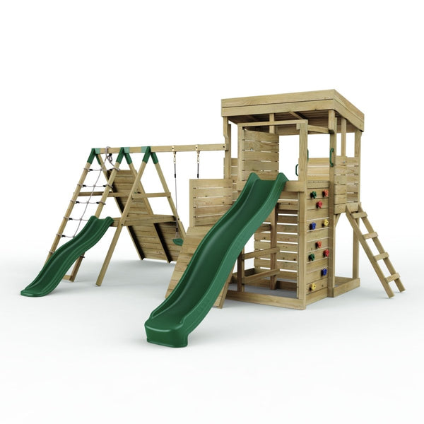 Rebo 2 Tier XL Lookout Tower Playhouse with Single Swing and Climbing Wall plus Slides