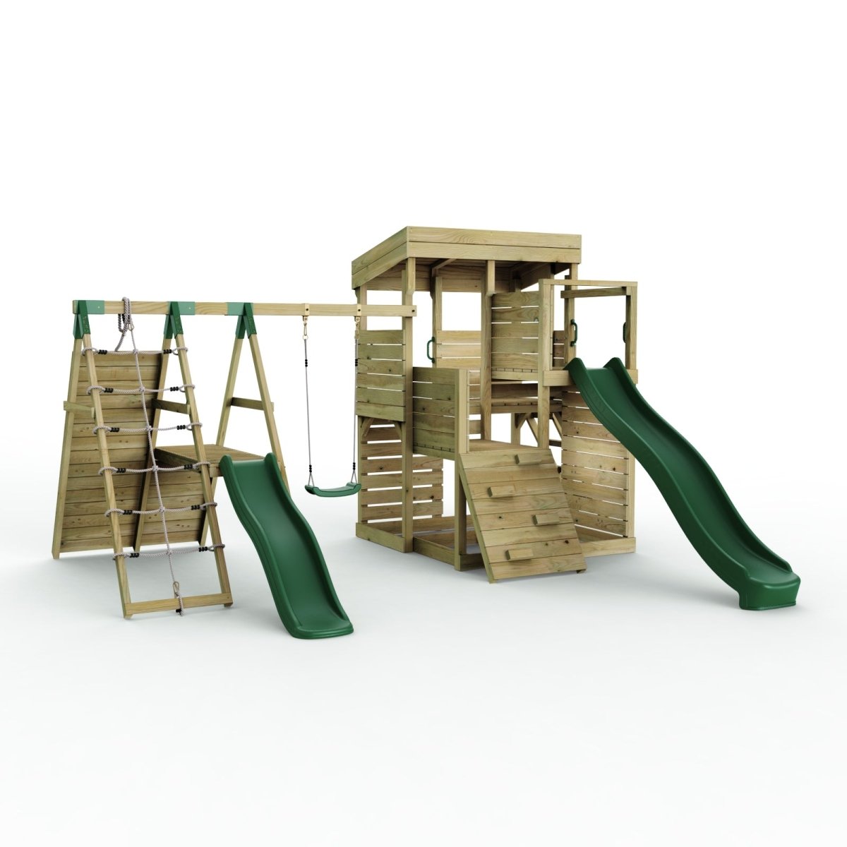 Rebo 2 Tier XL Lookout Tower Playhouse with Single Swing and Climbing Wall plus Slides