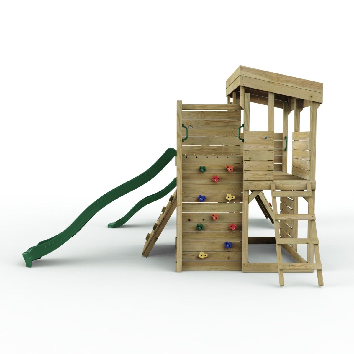 Rebo 2 Tier XL Lookout Tower Playhouse with Single Swing and Climbing Wall plus Slides