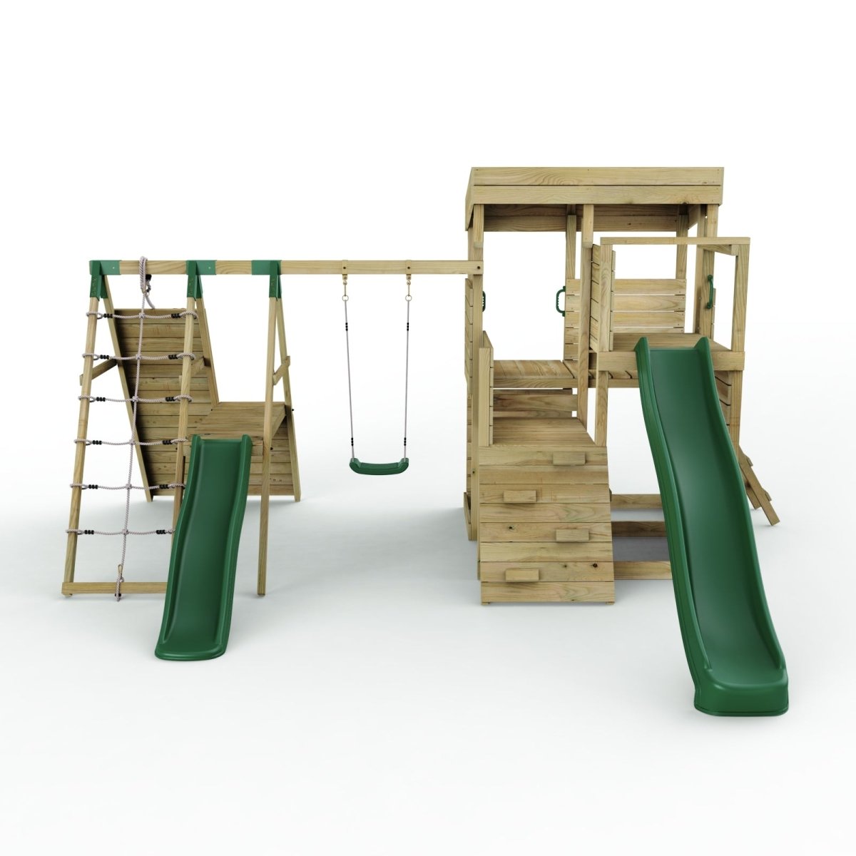 Rebo 2 Tier XL Lookout Tower Playhouse with Single Swing and Climbing Wall plus Slides
