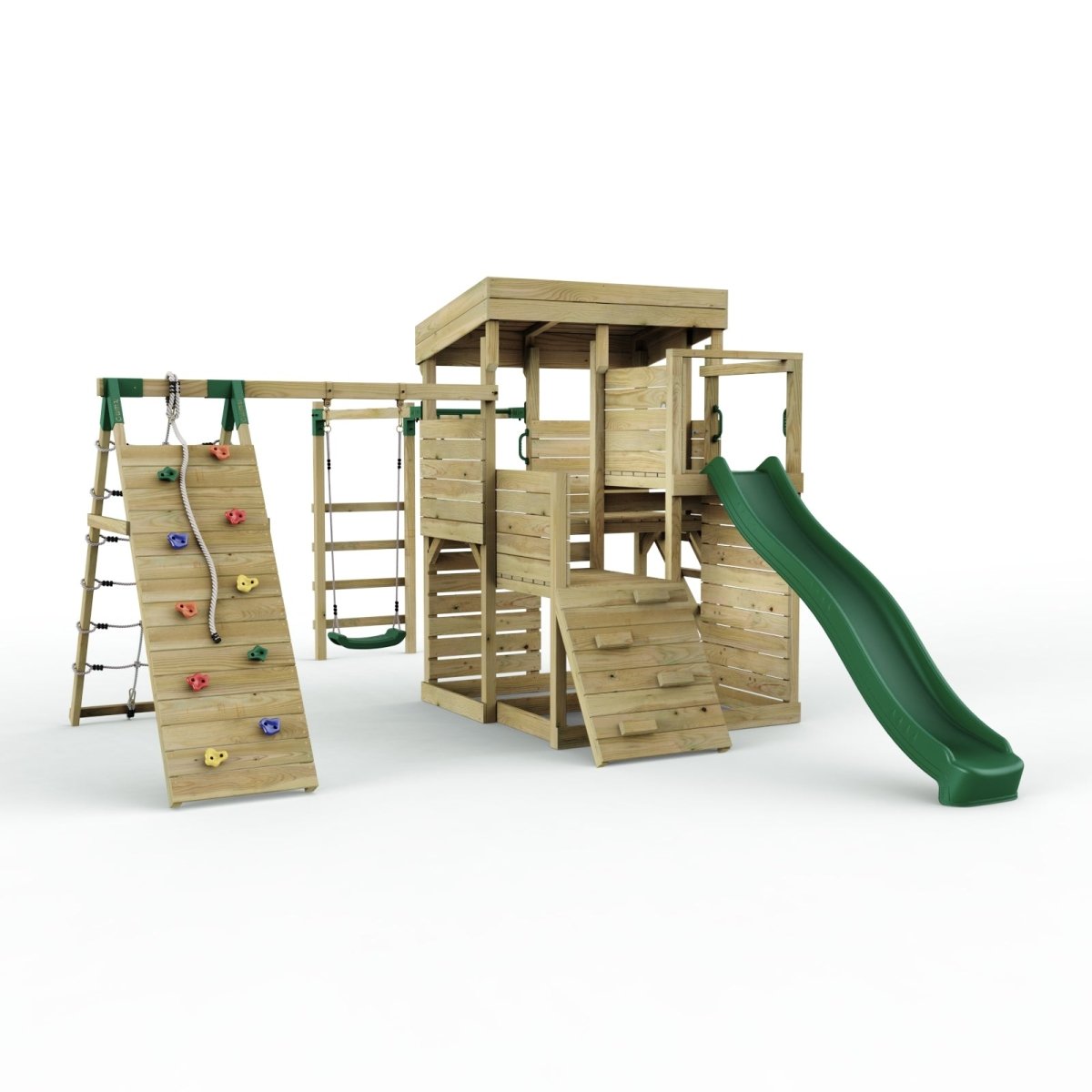 Rebo 2 Tier XL Lookout Tower Playhouse with Single Swing and Monkey Bars plus Climbing Wall and Slide