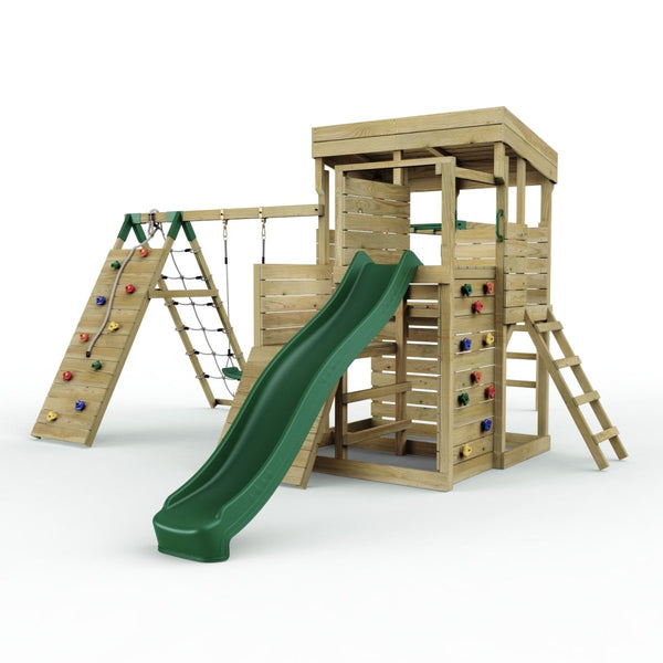 Rebo 2 Tier XL Lookout Tower Playhouse with Single Swing and Monkey Bars plus Climbing Wall and Slide