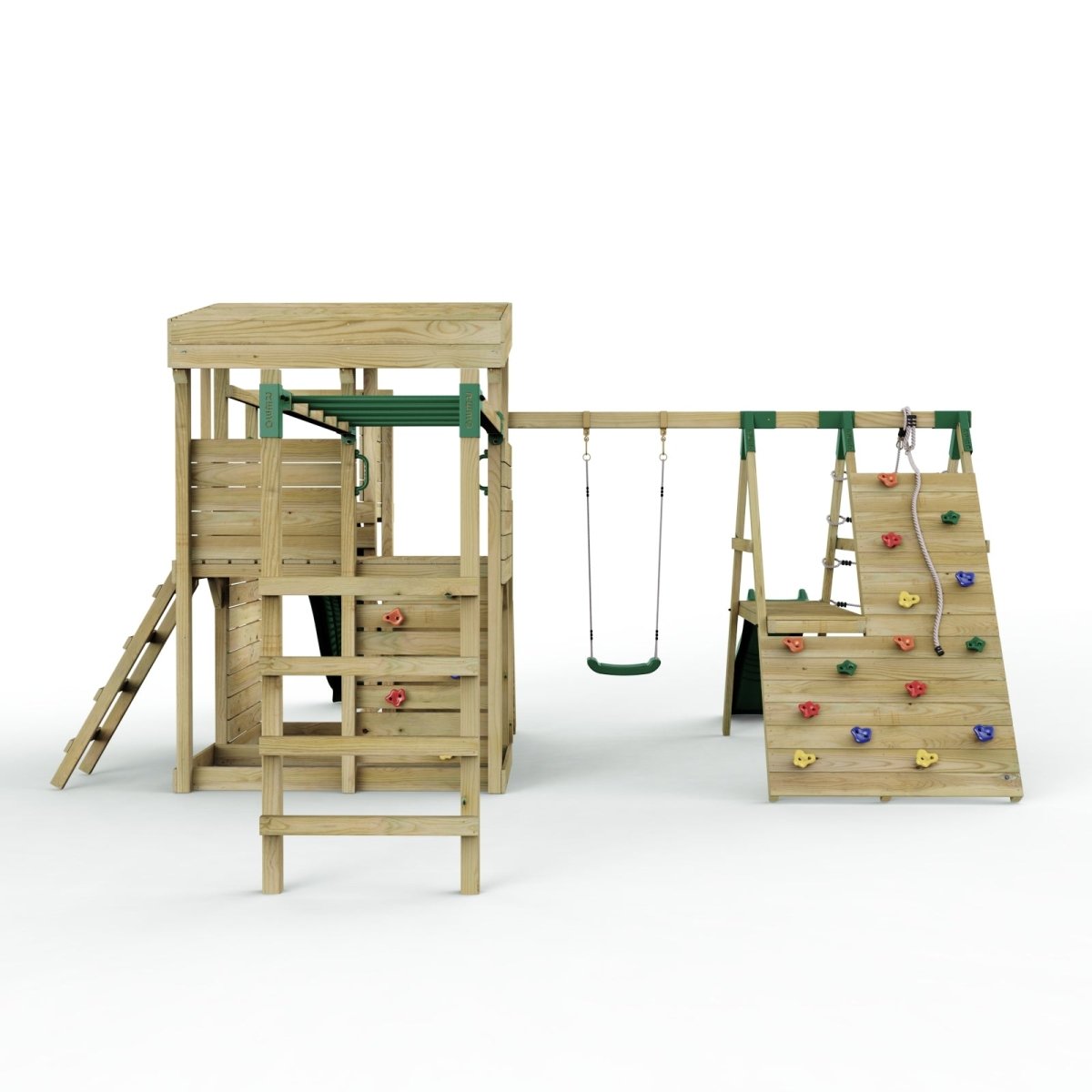 Rebo 2 Tier XL Lookout Tower Playhouse with Single Swing and Monkey Bars plus Climbing Wall and Slides