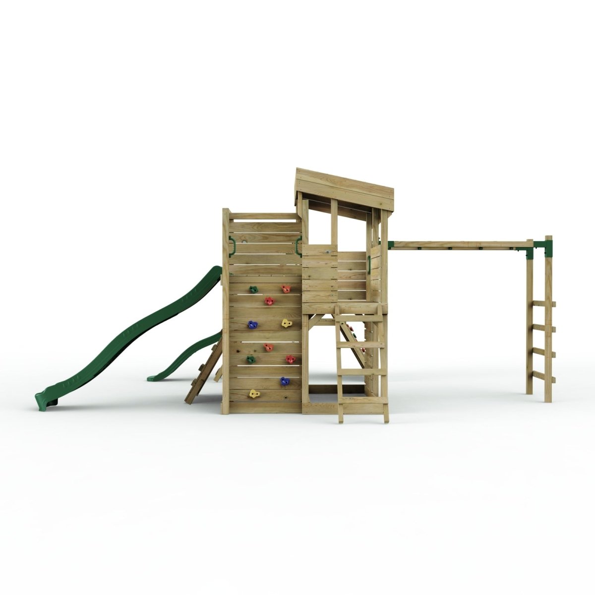 Rebo 2 Tier XL Lookout Tower Playhouse with Single Swing and Monkey Bars plus Climbing Wall and Slides
