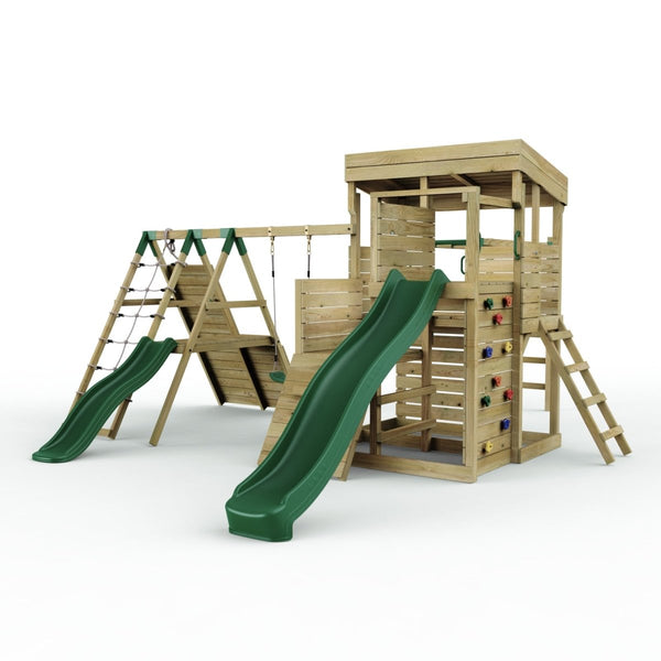 Rebo 2 Tier XL Lookout Tower Playhouse with Single Swing and Monkey Bars plus Climbing Wall and Slides