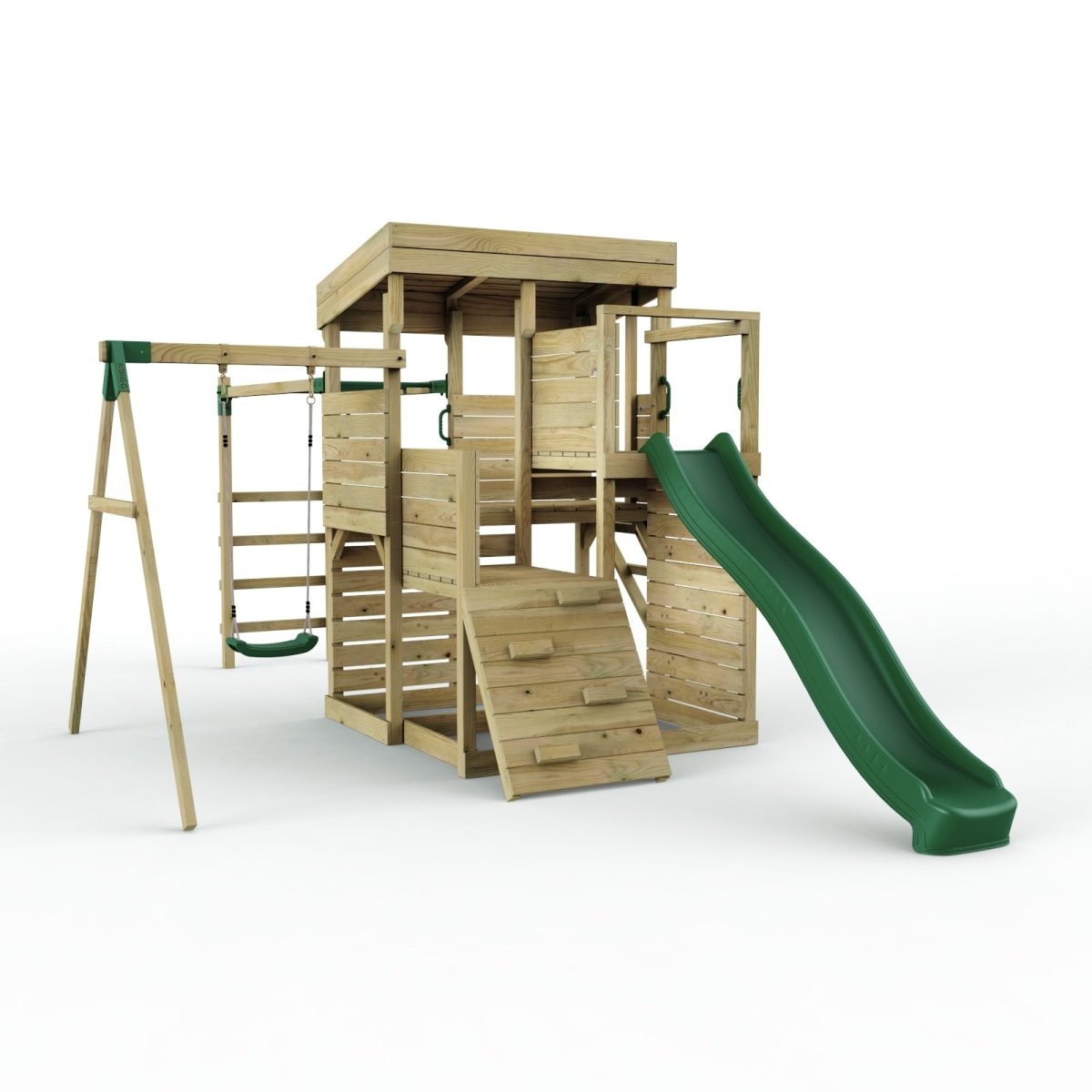 Rebo 2 Tier XL Lookout Tower Playhouse with Single Swing and Monkey Bars plus Slide