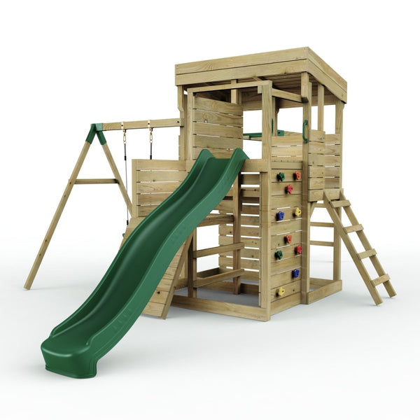 Rebo 2 Tier XL Lookout Tower Playhouse with Single Swing and Monkey Bars plus Slide
