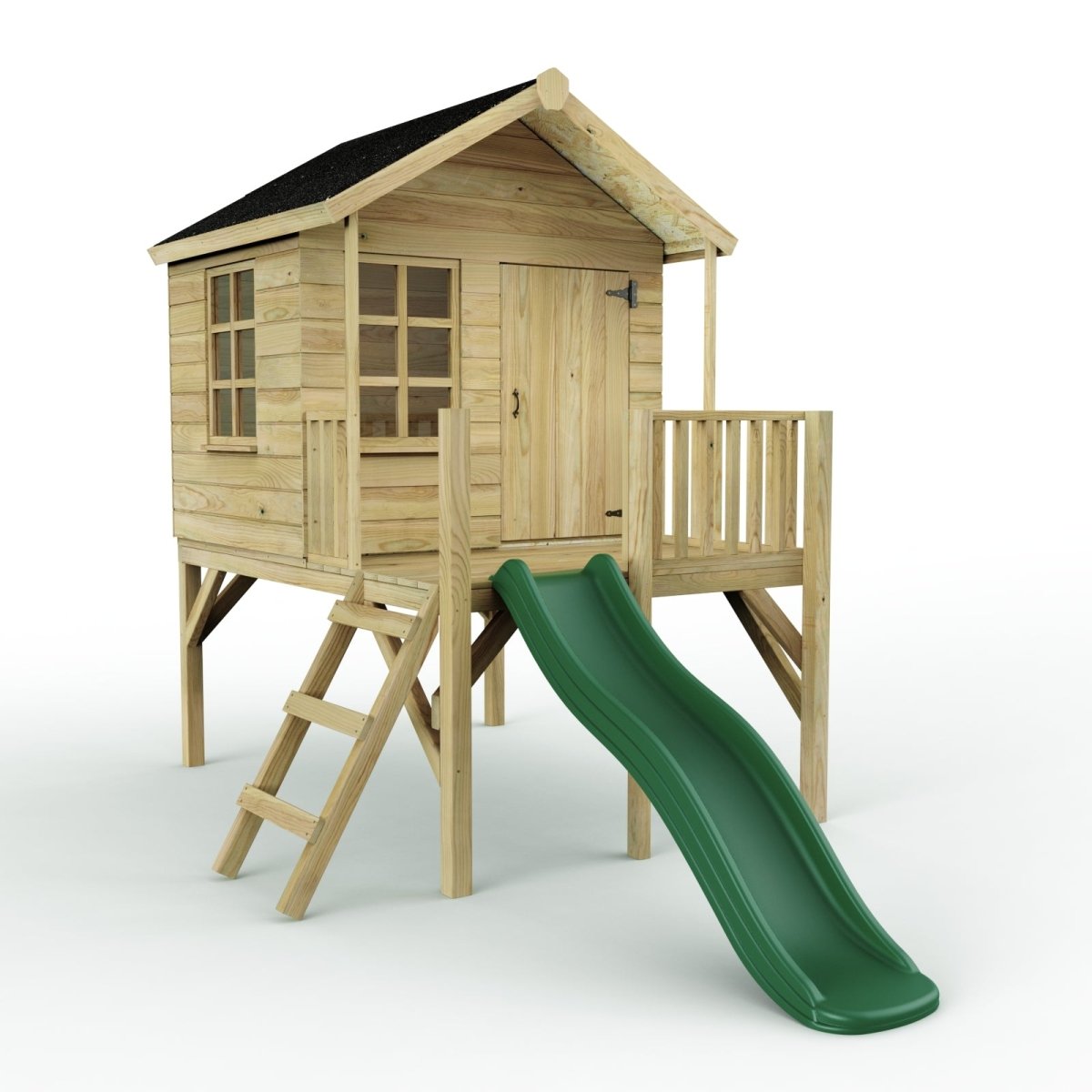 Rebo 5FT x 5FT Childrens Wooden Garden Playhouse on Deck with 6ft Slide - Pheasant Green