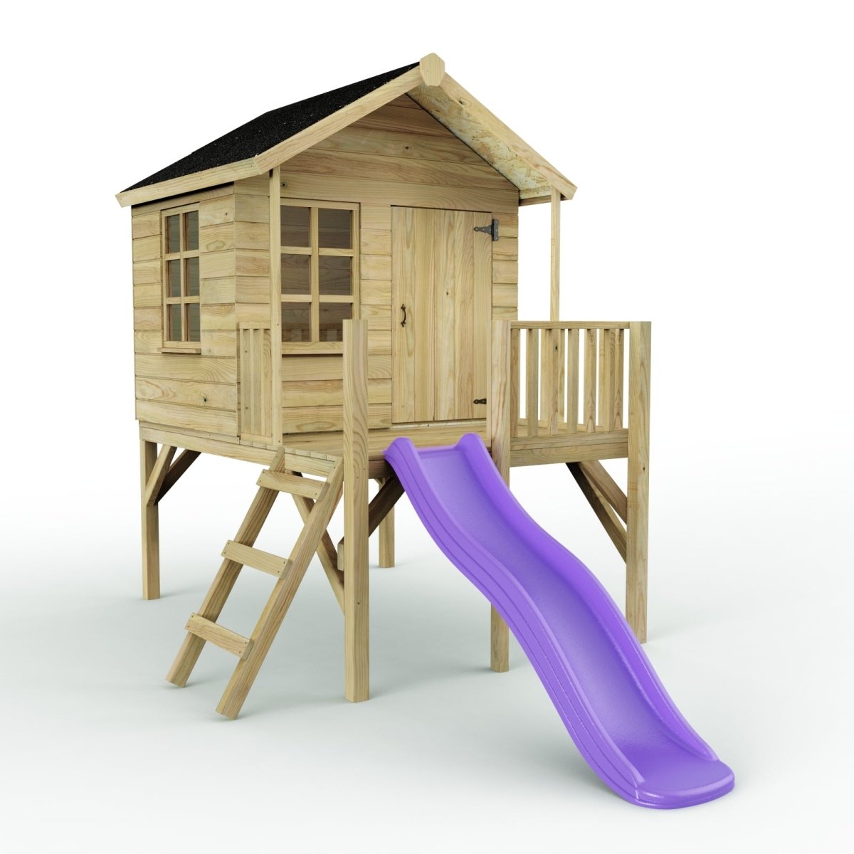 Rebo 5FT x 5FT Childrens Wooden Garden Playhouse on Deck with 6ft Slide - Pheasant Purple