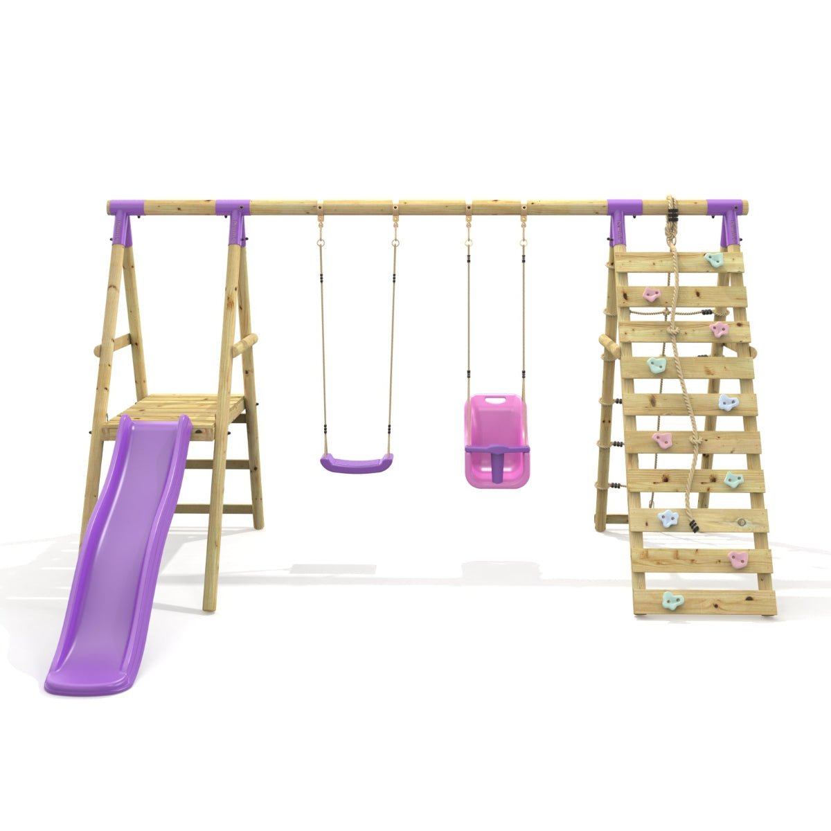 Rebo Double Swing Set with Climbing Wall and Slide - Moonstone Purple