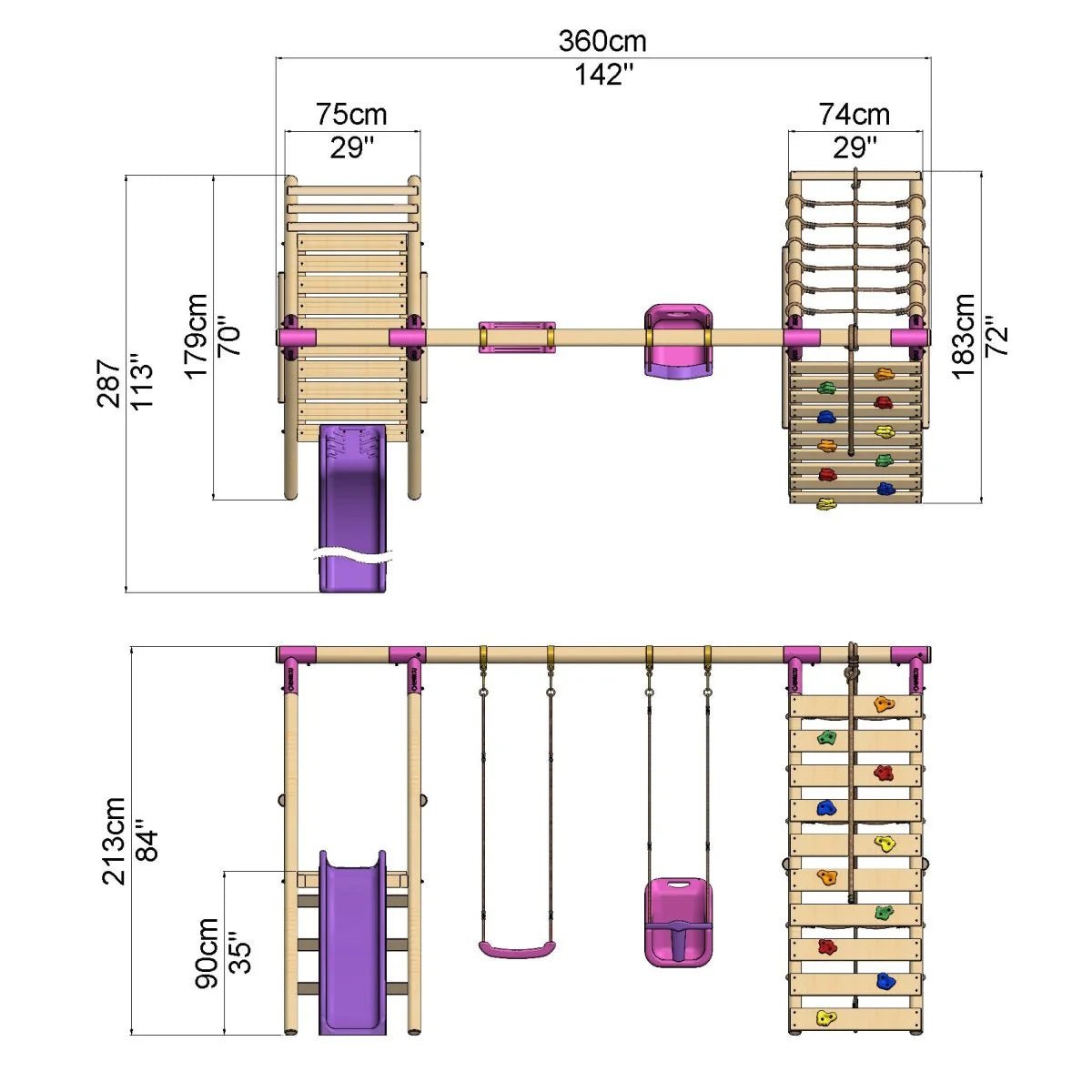 Rebo Double Swing Set with Climbing Wall and Slide - Moonstone Purple