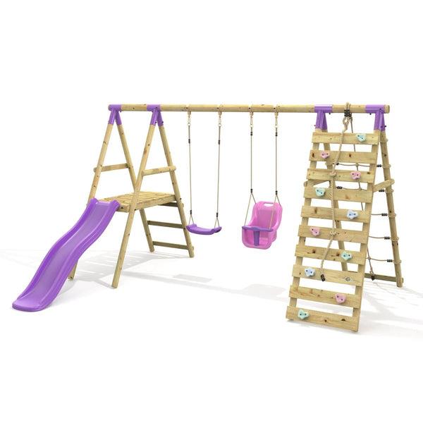 Rebo Double Swing Set with Climbing Wall and Slide - Moonstone Purple