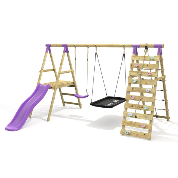 Rebo Double Swing Set with Climbing Wall and Slide - Quartz Purple
