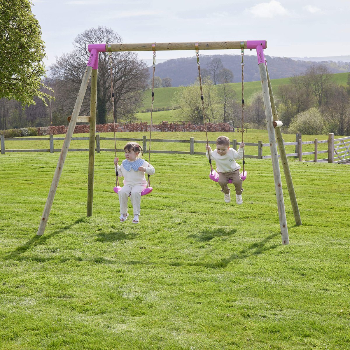 Rebo Double Wooden Garden Swing Set - Venus Pink