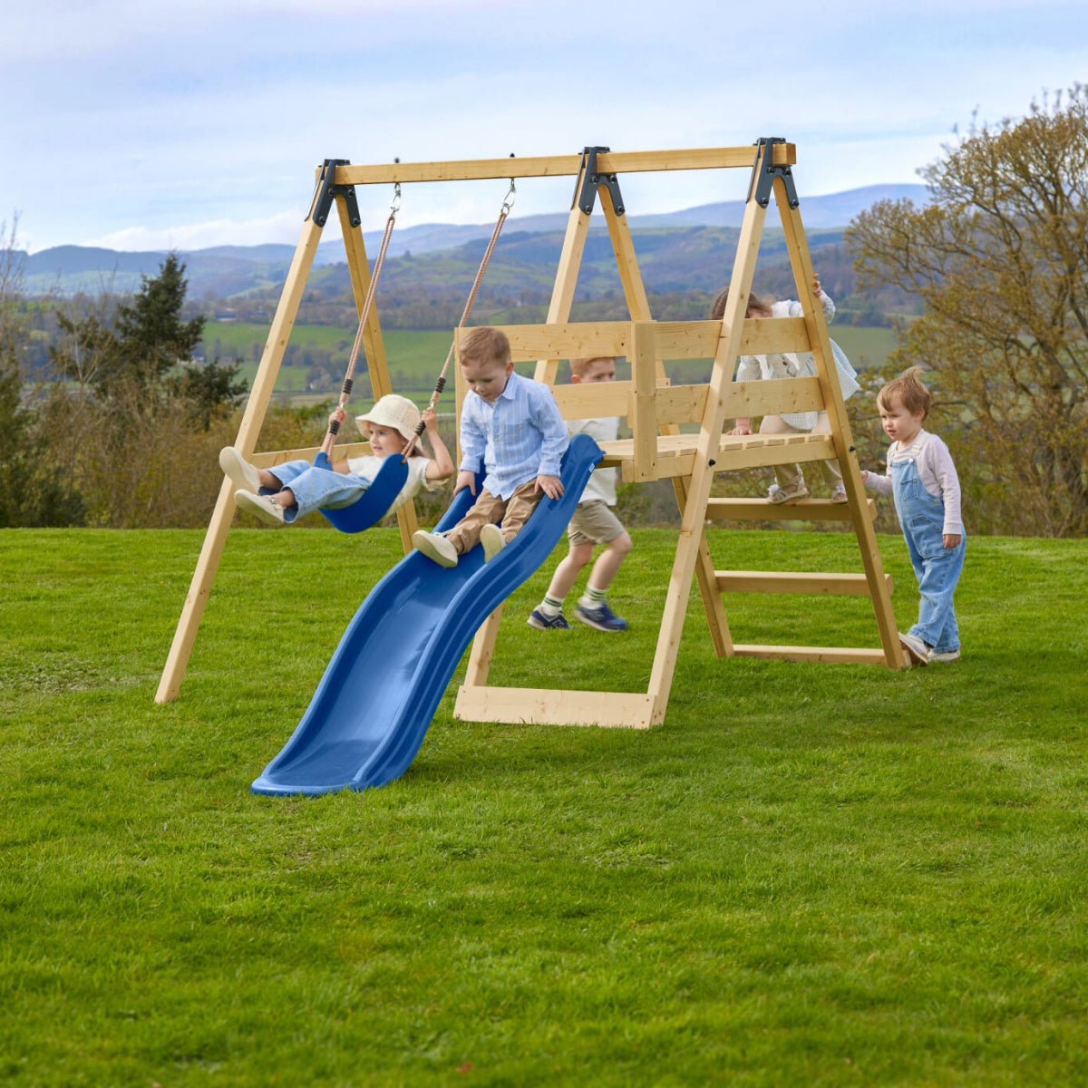 Rebo Glide Wooden Single Swing Sets with 6ft Slide and Swing Seat – Orchid
