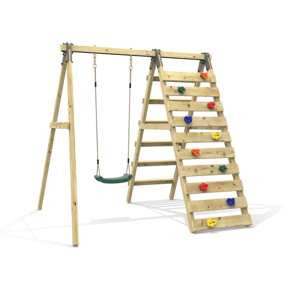 Rebo Glide Wooden Single Swing Sets with Climbing Wall and Swing Seat – Lavender