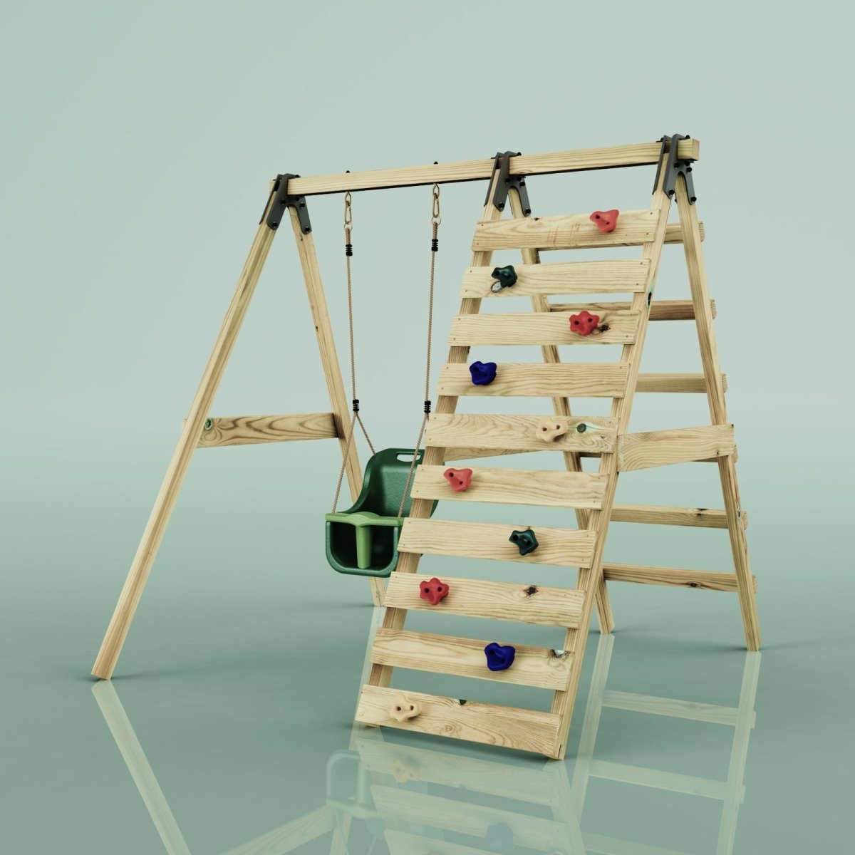 Rebo Glide Wooden Single Swing Sets with Climbing Wall and Swing Seat – Lavender