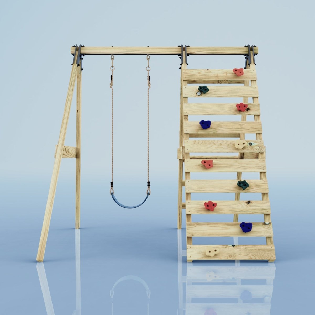 Rebo Glide Wooden Single Swing Sets with Climbing Wall and Swing Seat – Lavender