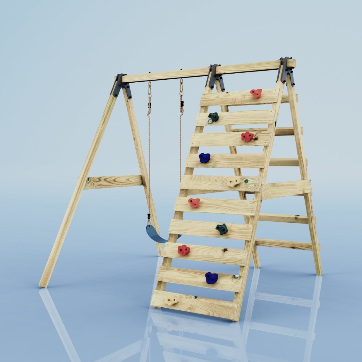 Rebo Glide Wooden Single Swing Sets with Climbing Wall and Swing Seat – Lavender