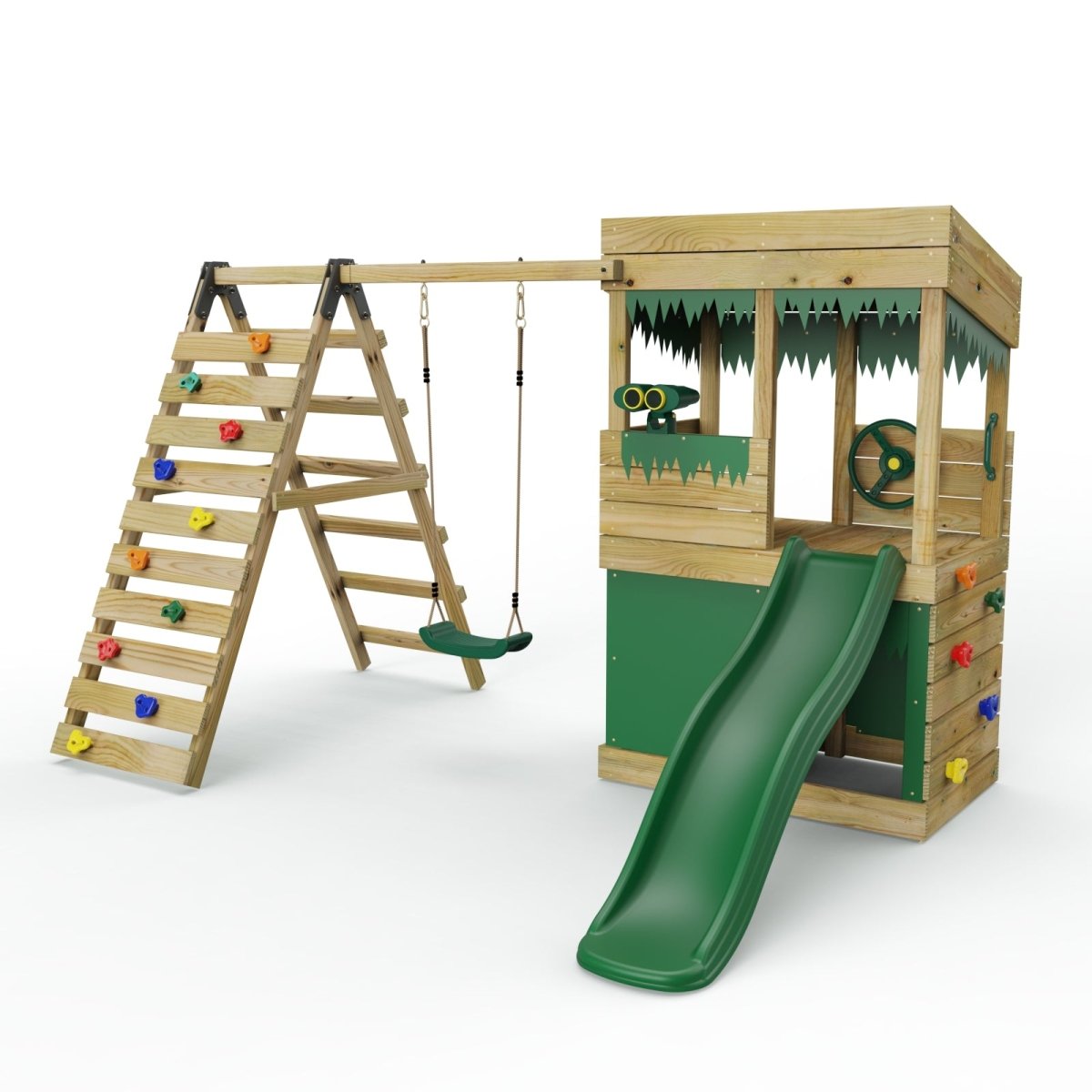 Rebo Lookout Tower Playhouse with Swing and Climbing Wall plus 6ft Slide - Ascent