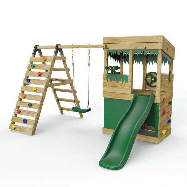 Rebo Lookout Tower Playhouse with Swing and Climbing Wall plus 6ft Slide - Ascent