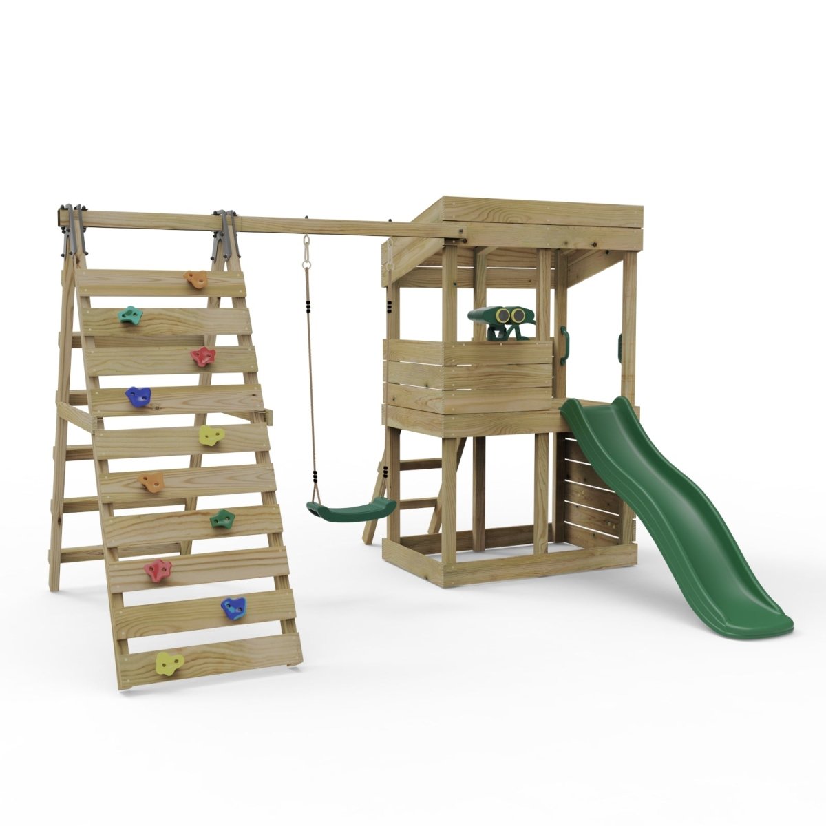 Rebo Lookout Tower Playhouse with Swing and Climbing Wall plus 6ft Slide - Crest