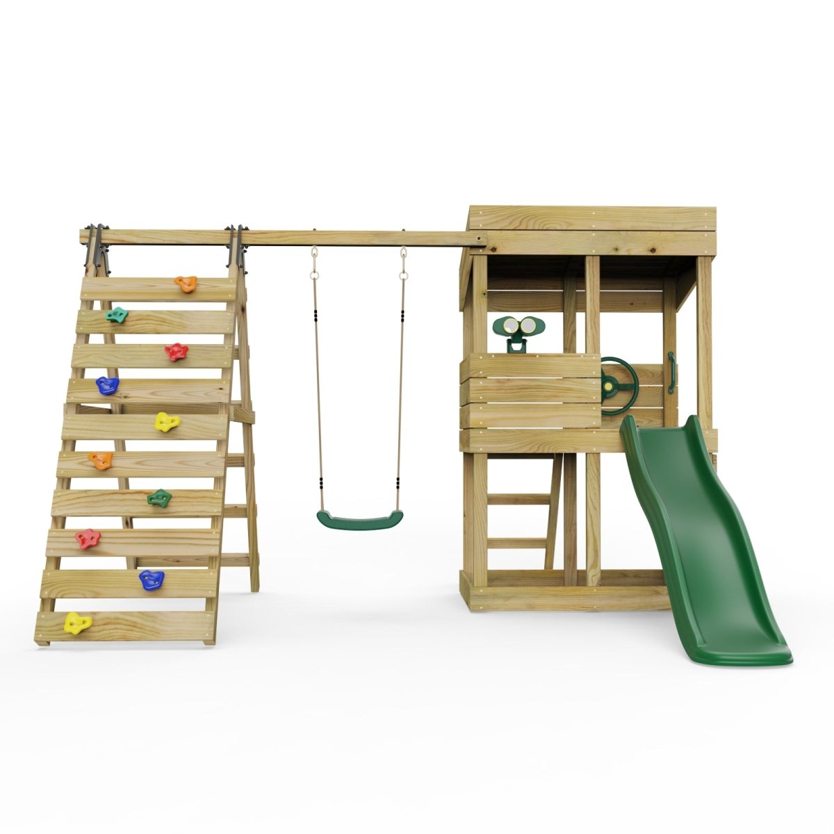 Rebo Lookout Tower Playhouse with Swing and Climbing Wall plus 6ft Slide - Crest