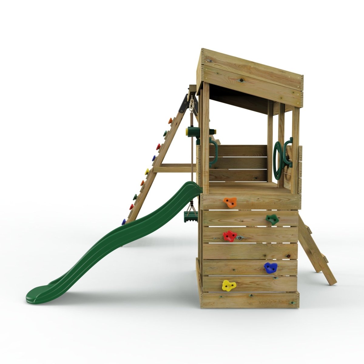 Rebo Lookout Tower Playhouse with Swing and Climbing Wall plus 6ft Slide - Crest